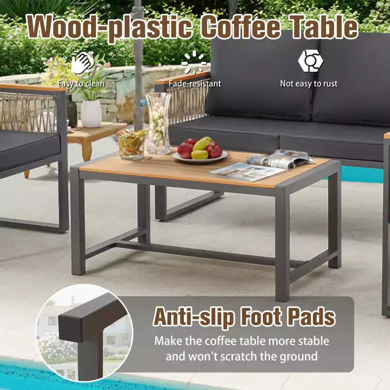 EROMMY 4pcs Modern Metal Patio Furniture Set, All-Weather Outdoor Conversation Set with Removable Washable Cushions & PE Woven Rattan
