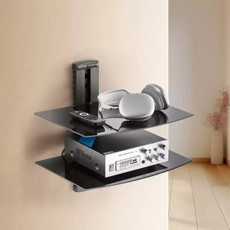 Étagères flottantes en verre VEVOR, supporte jusqu'à 8 kg, support mural TV avec étagère renforcée, centre de divertissement flottant pour lecteurs DVD / PS4 - 2 niveaux