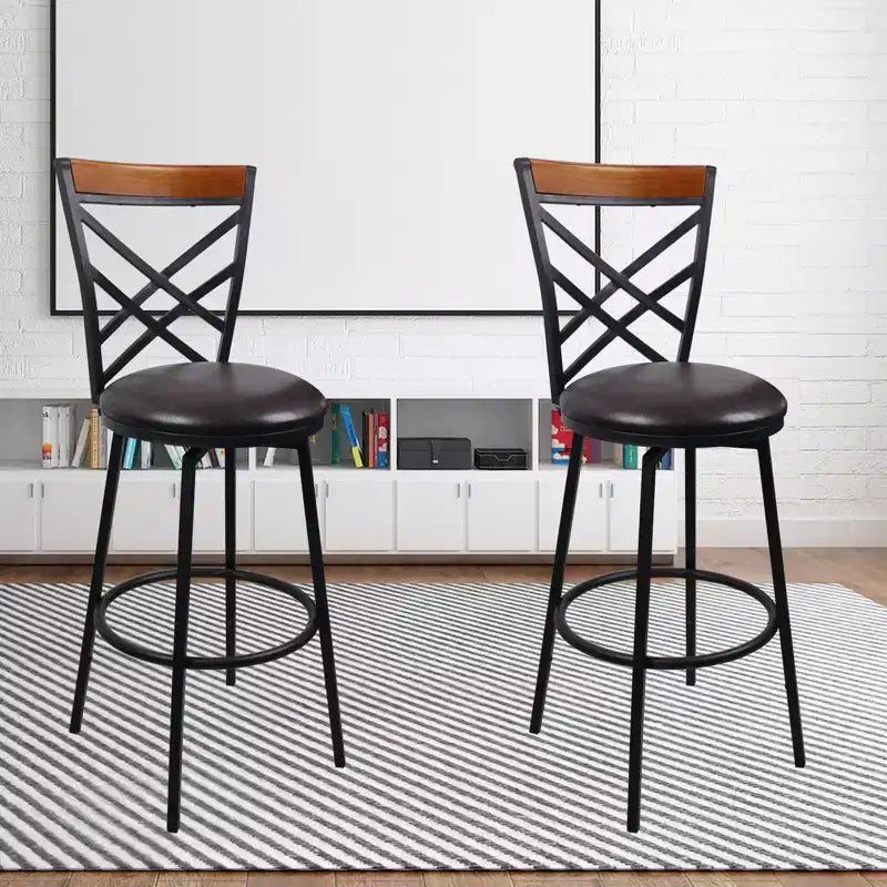eHemco Swivel Metal Kitchen Counter Barstool with Double X Back Upholstered Faux Leather Seat, Espresso and Black, Set of 2