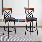 eHemco Swivel Metal Kitchen Counter Barstool with Double X Back Upholstered Faux Leather Seat, Espresso and Black, Set of 2