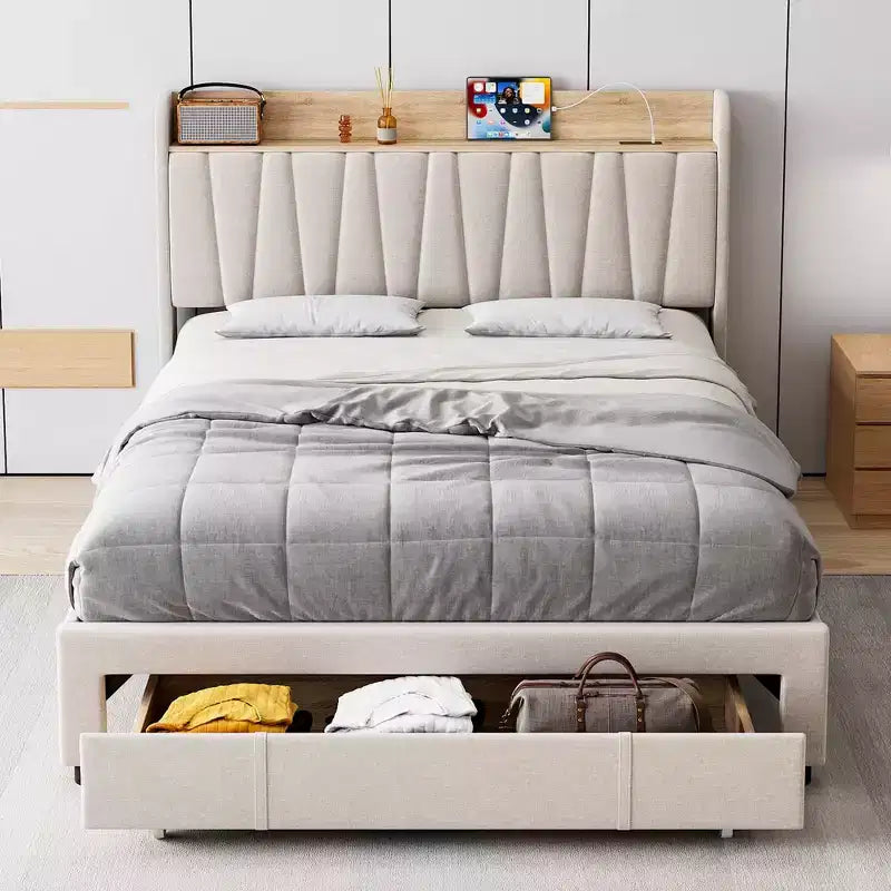 Whizmax Bed Frame with 2 Storage Drawers, Upholstered Platform Bed Frame with Storage Headboard, Mattress Foundation with Solid Wooden Slats Support