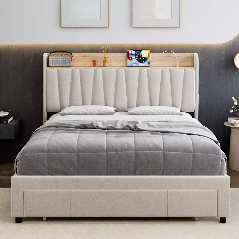 Whizmax Bed Frame with 2 Storage Drawers, Upholstered Platform Bed Frame with Storage Headboard, Mattress Foundation with Solid Wooden Slats Support