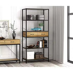 Bibliothèque à 5 étagères au design rustique eHemco avec 2 tiroirs, 174 cm, base noire