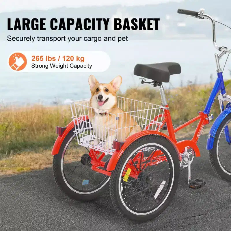 VEVOR Tricycle pliant adulte, 20 pouces 7 vitesses, en acier au carbone, vélo cruiser à 3 roues avec grand panier et siège réglable