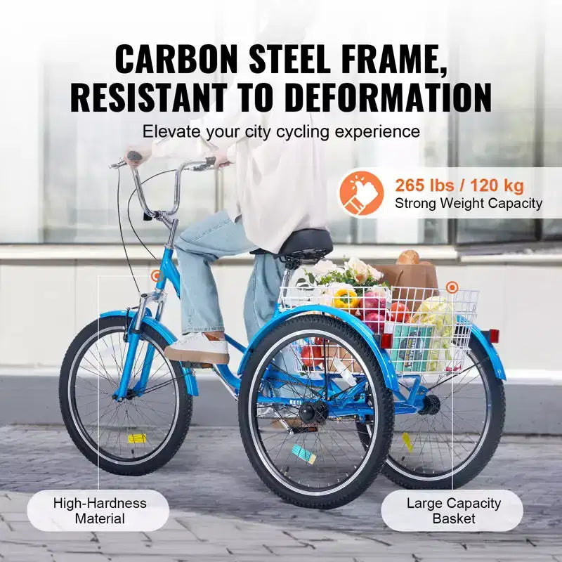VEVOR Folding Adult Tricycle, 26-Inch Adult Folding Trikes, Carbon Steel 3 Wheel Cruiser Bike with Large Basket & Adjustable Seat