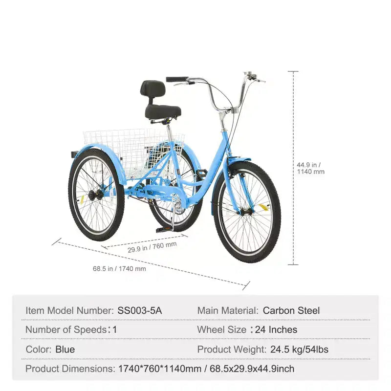 VEVOR Adult Tricycles Bike, 24 Inch Three-Wheeled Bicycles, 3 Wheel Bikes Trikes, Carbon Steel Cruiser Bike with Basket & Adjustable Seat