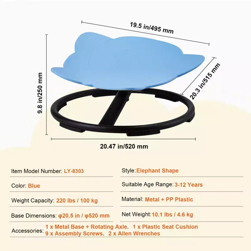 VEVOR Elephant Kids Swivel Chair, 220 LBS Capacity, 360 Spinning Chair, Autistic Kids Sensory Toy Chair with Non-Slip Metal Base, Blue