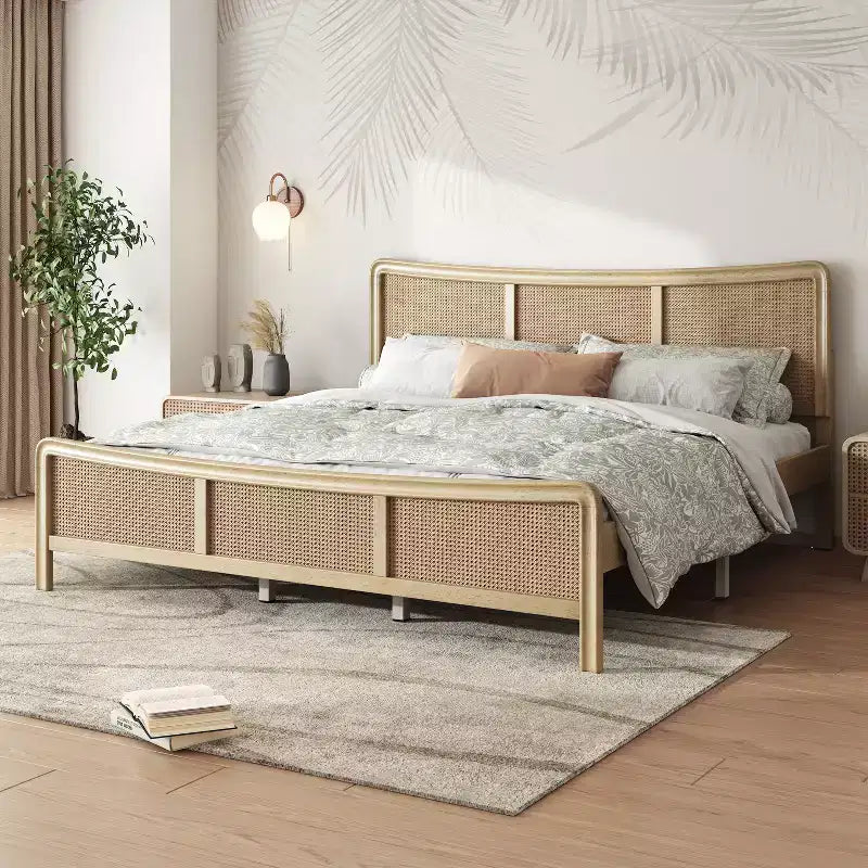 Christopher Knight Home Odila Lit plateforme bohème en bois avec tête de lit incurvée en rotin à hauteur réglable