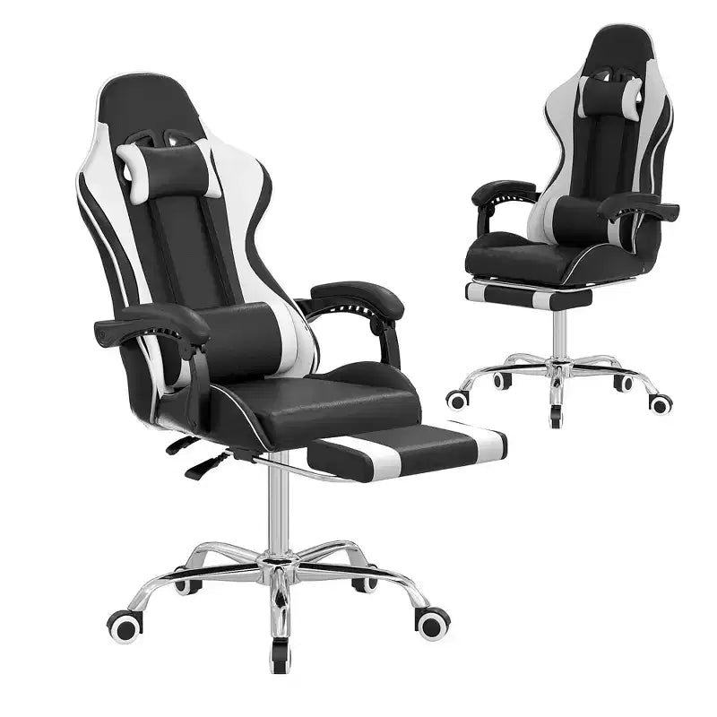 Chaise de jeu inclinable VECELO, Chaise de jeu ergonomique en similicuir réglable en hauteur avec repose-pieds et soutien lombaire, Noir