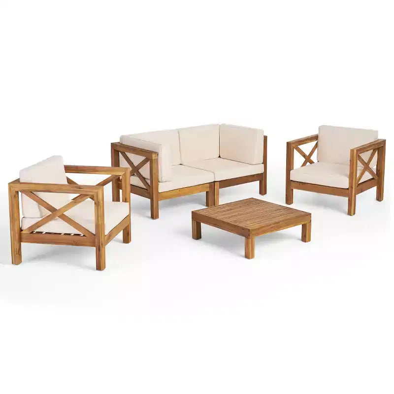 Christopher Knight Home Brava Outdoor Acacia Wood 4 Seater Chat Set with Cushions