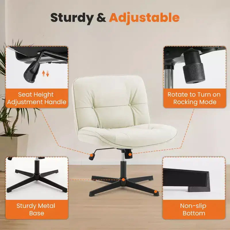 Chaise à assise croisée, Fauteuil de bureau sans accoudoirs à assise large sans roulettes, Pivotant Réglable en hauteur Confortable