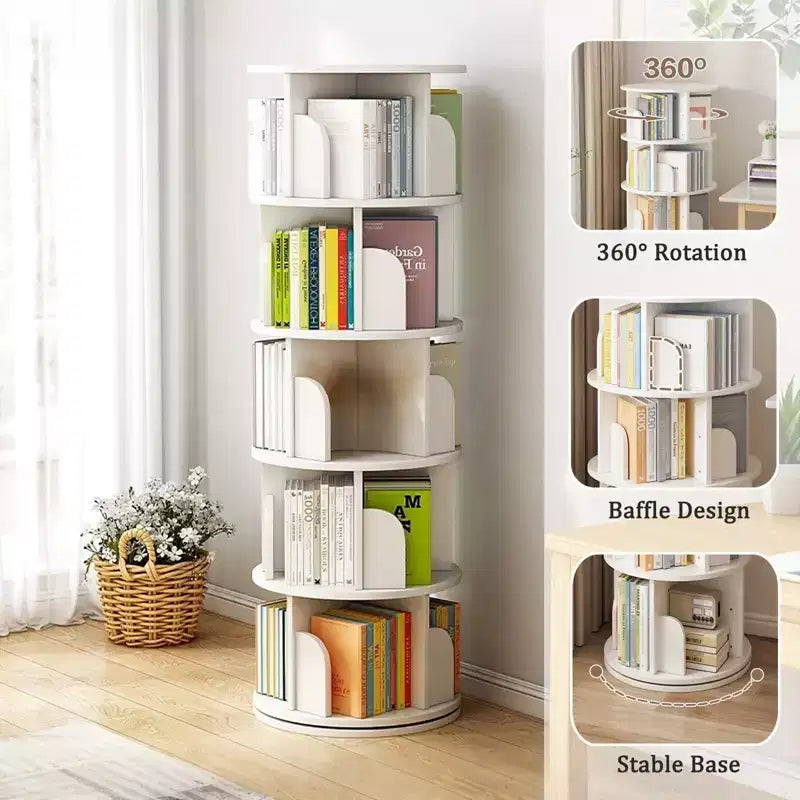 Rotating Bookshelf, 360 Display Spinning Bookshelf Tower, 5 Tier Wood Corner Bookcase with Wheels for Small Space