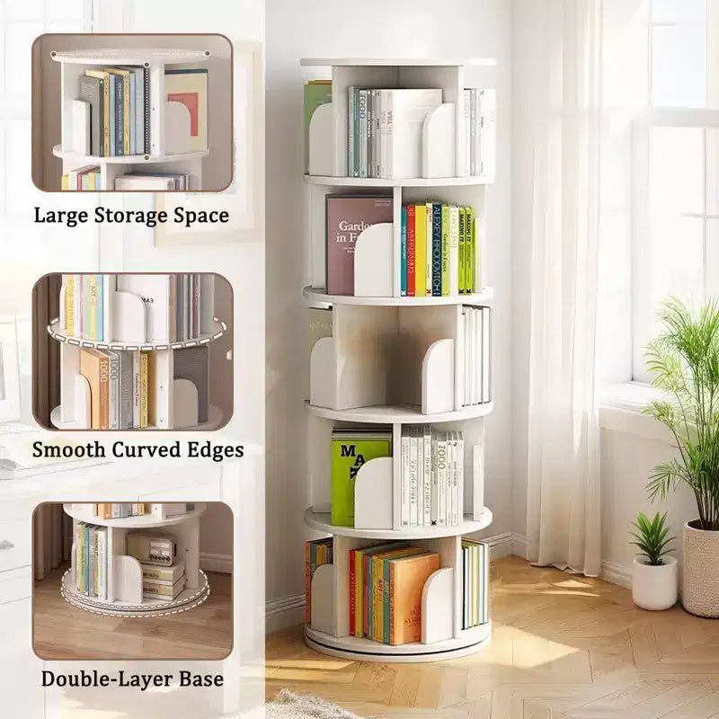 Rotating Bookshelf, 360 Display Spinning Bookshelf Tower, 5 Tier Wood Corner Bookcase with Wheels for Small Space