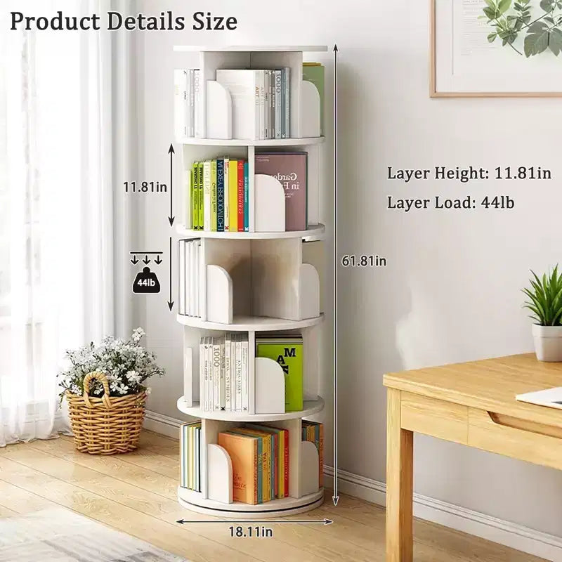 Rotating Bookshelf, 360 Display Spinning Bookshelf Tower, 5 Tier Wood Corner Bookcase with Wheels for Small Space