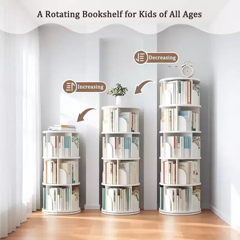 Rotating Bookshelf, 360 Display Spinning Bookshelf Tower, 5 Tier Wood Corner Bookcase with Wheels for Small Space