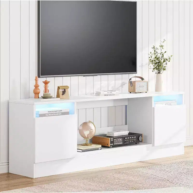 Acekool Modern White TV Stand for Living Room, Entertainment Center for TV up to 75, Storage Cabinets & Fireplace Insert Space, 70 Inch Console