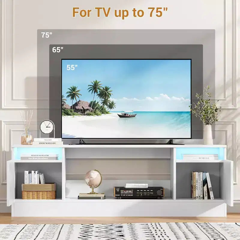 Acekool Modern White TV Stand for Living Room, Entertainment Center for TV up to 75, Storage Cabinets & Fireplace Insert Space, 70 Inch Console