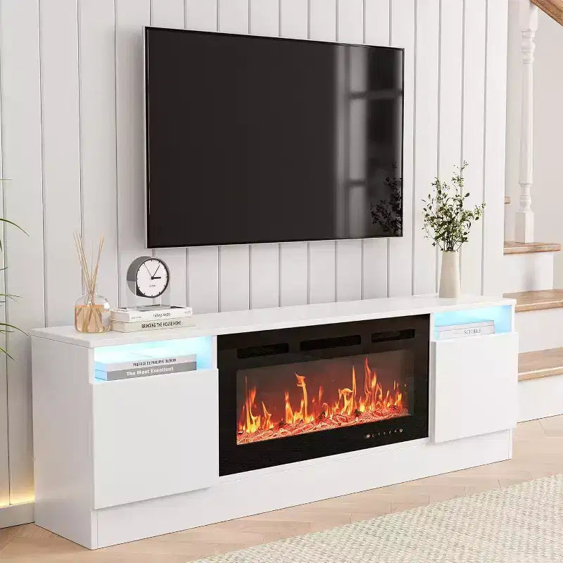 Acekool Modern White TV Stand for Living Room, Entertainment Center for TV up to 75, Storage Cabinets & Fireplace Insert Space, 70 Inch Console
