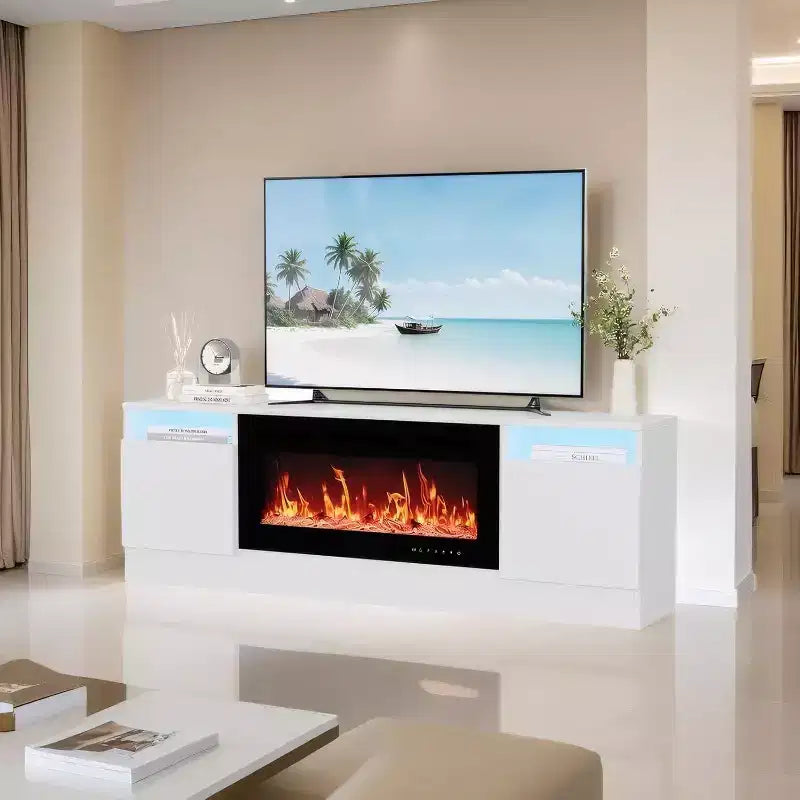 Acekool Modern White TV Stand for Living Room, Entertainment Center for TV up to 75, Storage Cabinets & Fireplace Insert Space, 70 Inch Console