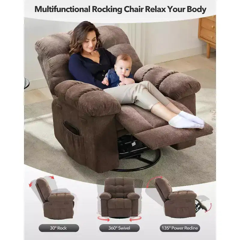 Recliner Chair, 360 Swivel Rocker Chair for Small Spaces,Upholstered Fabric Glider Nursery Chair With Side Pockets for Living Room,Q235 Steel Frame