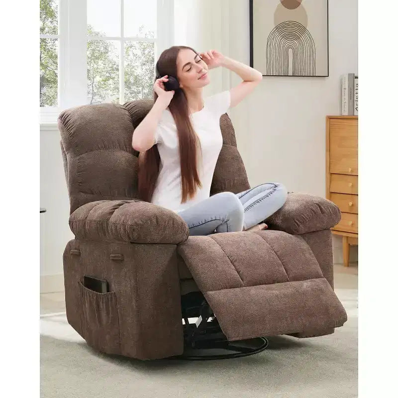 Recliner Chair, 360 Swivel Rocker Chair for Small Spaces,Upholstered Fabric Glider Nursery Chair With Side Pockets for Living Room,Q235 Steel Frame