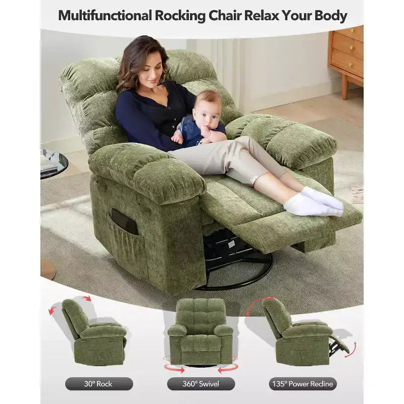 Recliner Chair, 360 Swivel Rocker Chair for Small Spaces,Upholstered Fabric Glider Nursery Chair With Side Pockets for Living Room,Q235 Steel Frame