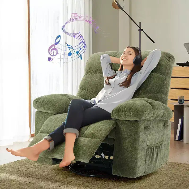 Recliner Chair, 360 Swivel Rocker Chair for Small Spaces,Upholstered Fabric Glider Nursery Chair With Side Pockets for Living Room,Q235 Steel Frame