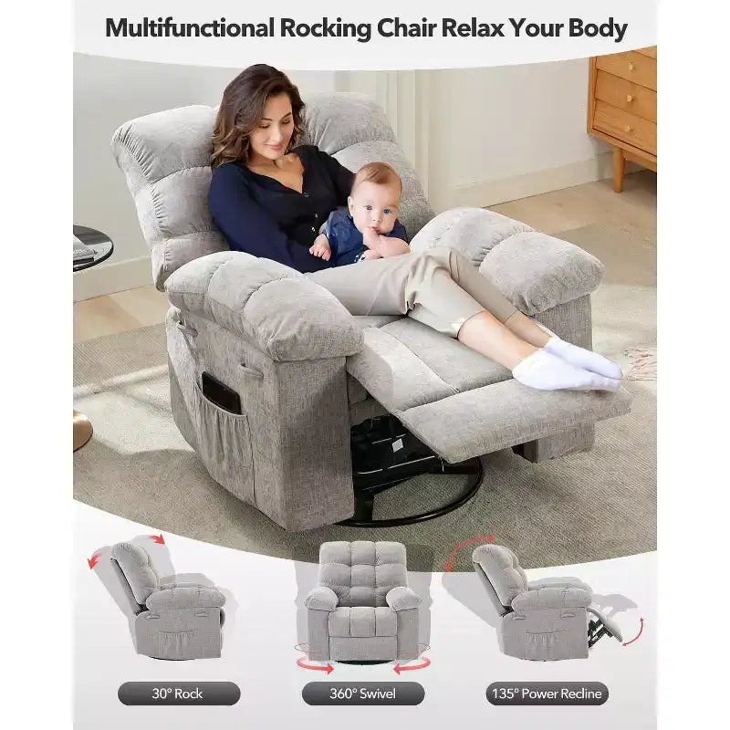 Recliner Chair, 360 Swivel Rocker Chair for Small Spaces,Upholstered Fabric Glider Nursery Chair With Side Pockets for Living Room,Q235 Steel Frame