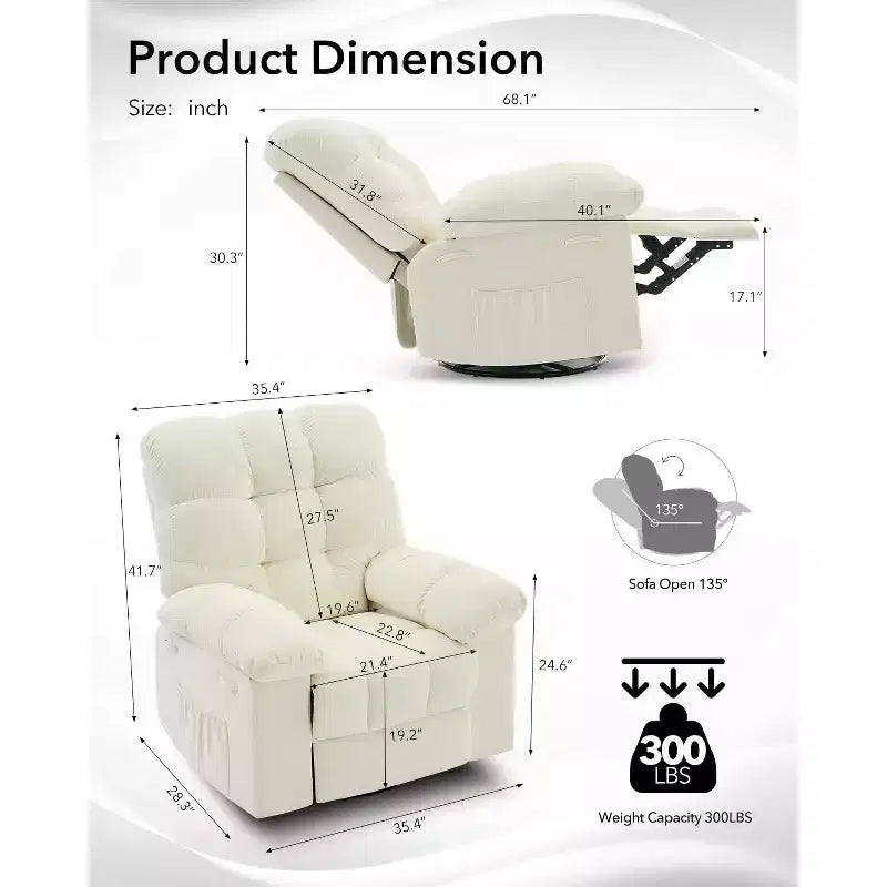 Recliner Chair, 360 Swivel Rocker Chair for Small Spaces,Upholstered Fabric Glider Nursery Chair With Side Pockets for Living Room,Q235 Steel Frame