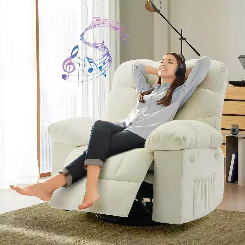 Recliner Chair, 360 Swivel Rocker Chair for Small Spaces,Upholstered Fabric Glider Nursery Chair With Side Pockets for Living Room,Q235 Steel Frame