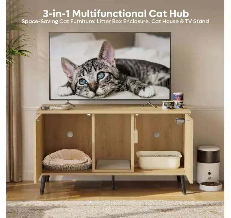 Bestier 47Hidden Cat Litter Box Enclosure Cat Washroom Furniture Cat House with Litter Mat, TV Stand for TVs up to 55''for Living Room, Bedroom