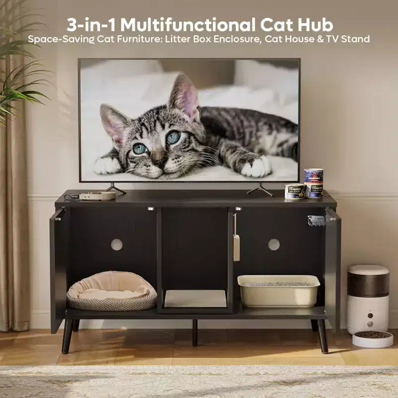 Bestier 47Hidden Cat Litter Box Enclosure Cat Washroom Furniture Cat House with Litter Mat, TV Stand for TVs up to 55''for Living Room, Bedroom