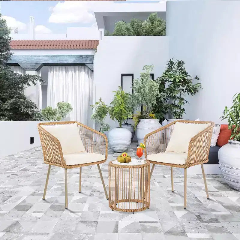 Ensemble bistro d'extérieur 3 pièces BestMassage en rotin PE avec table basse en verre et 2 chaises, blanc