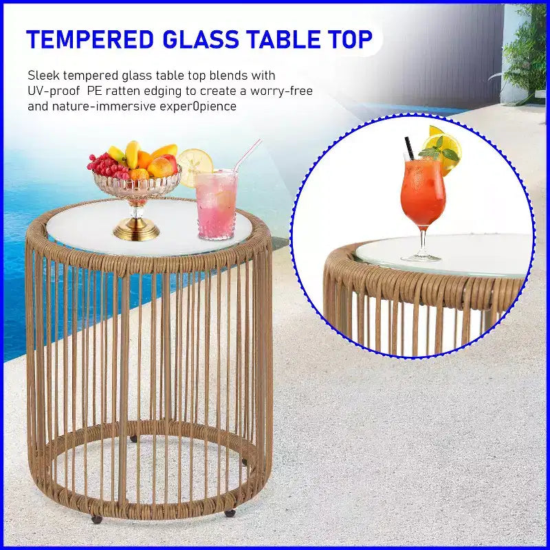Ensemble bistro d'extérieur 3 pièces BestMassage en rotin PE avec table basse en verre et 2 chaises, blanc