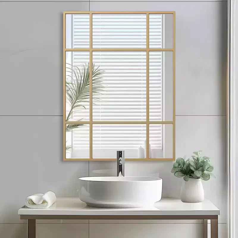 Golden Window Frame Hanging Mirror with Right Angled Rectangular Design in Iron, 100x75x2cm