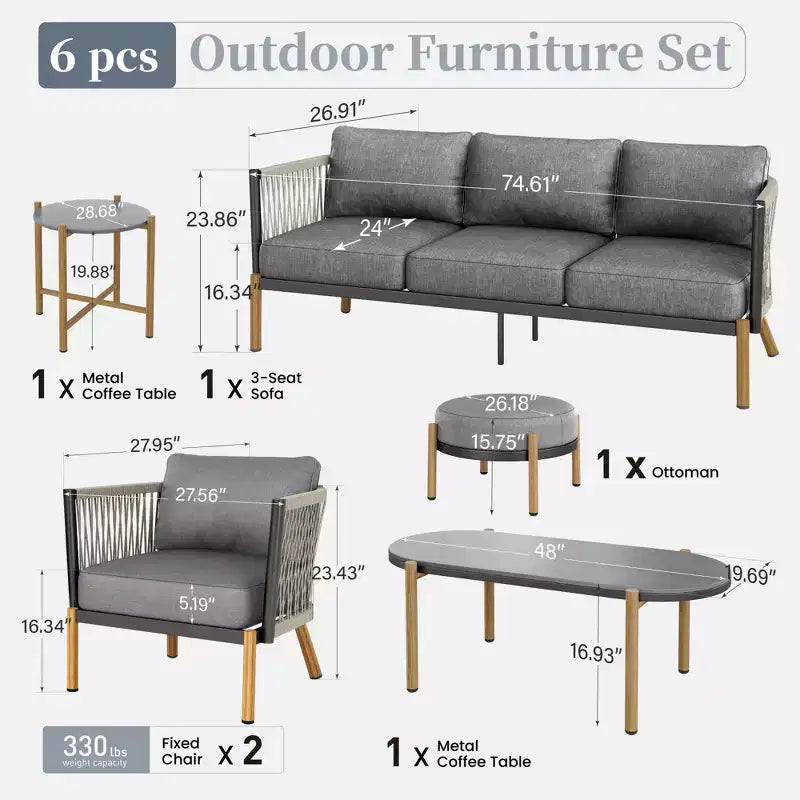 Captiva Designs 6pc Modern Outdoor Patio Woven Rope Sofa Conversation Set with Ottoman