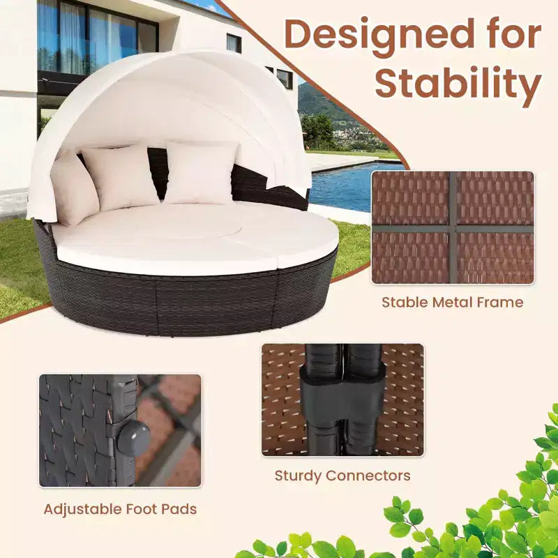 Costway Patio Round Daybed PE Rattan Cushioned Sectional Seating with Retractable Canopy