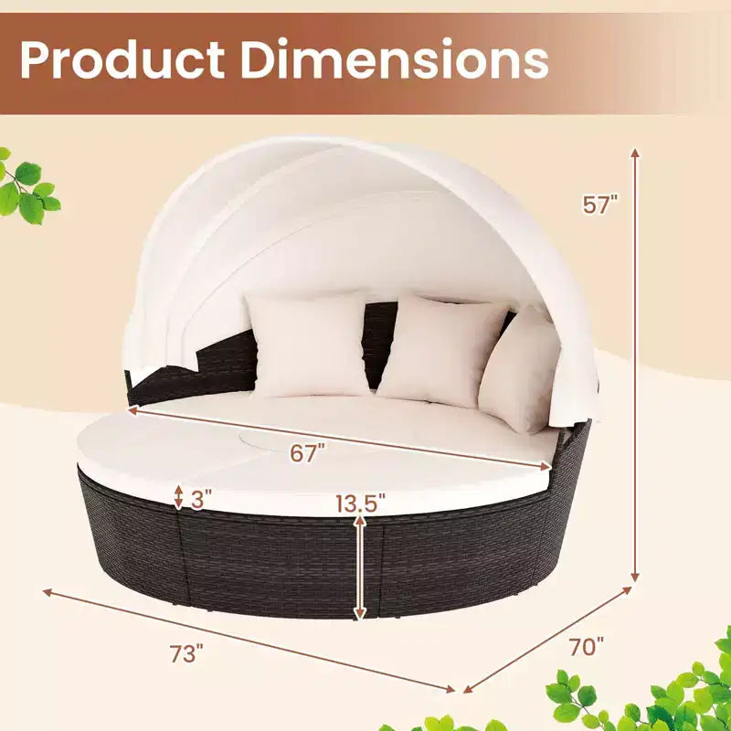 Costway Patio Round Daybed PE Rattan Cushioned Sectional Seating with Retractable Canopy