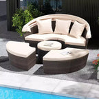 Costway Patio Round Daybed PE Rattan Cushioned Sectional Seating with Retractable Canopy