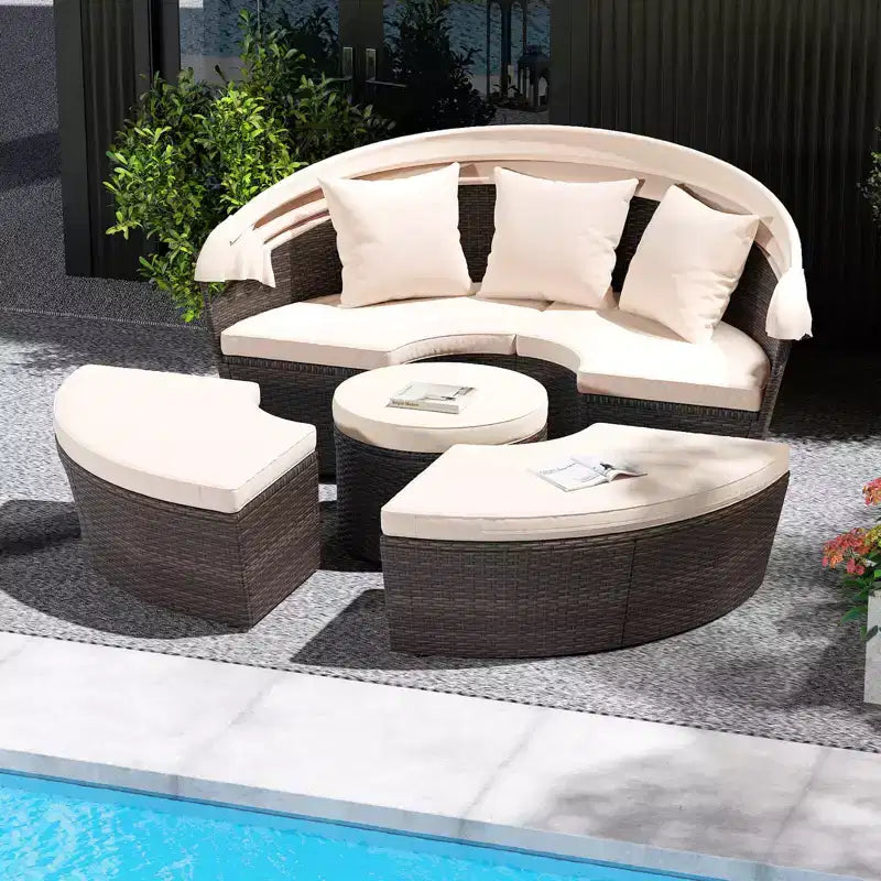 Costway Patio Round Daybed PE Rattan Cushioned Sectional Seating with Retractable Canopy