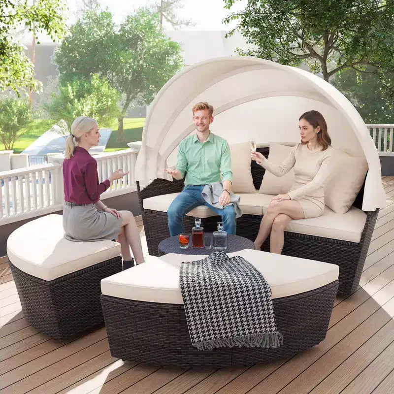 Costway Patio Round Daybed PE Rattan Cushioned Sectional Seating with Retractable Canopy