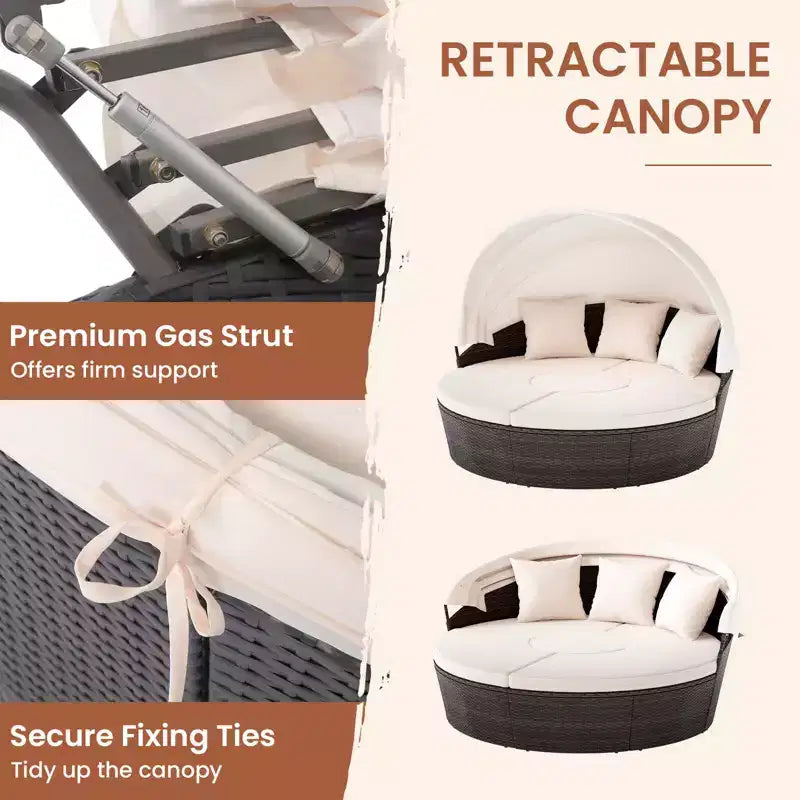 Costway Patio Round Daybed PE Rattan Cushioned Sectional Seating with Retractable Canopy