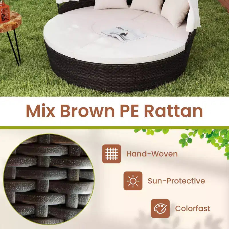 Costway Patio Round Daybed PE Rattan Cushioned Sectional Seating with Retractable Canopy