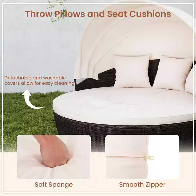 Costway Patio Round Daybed PE Rattan Cushioned Sectional Seating with Retractable Canopy