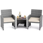 Ensemble de meubles de patio Costway 3 pièces avec table basse en verre trempé et coussins de siège moelleux gris/noir/blanc