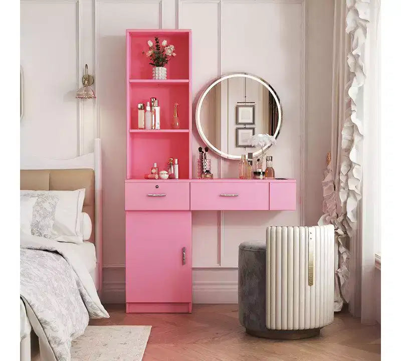 Okak Vanity Table with Lights, Modern Sleek Vanity Desk with Multi-Tier Storage System & Built-In Mirror, Bedroom Makeup Set for Space, Pink