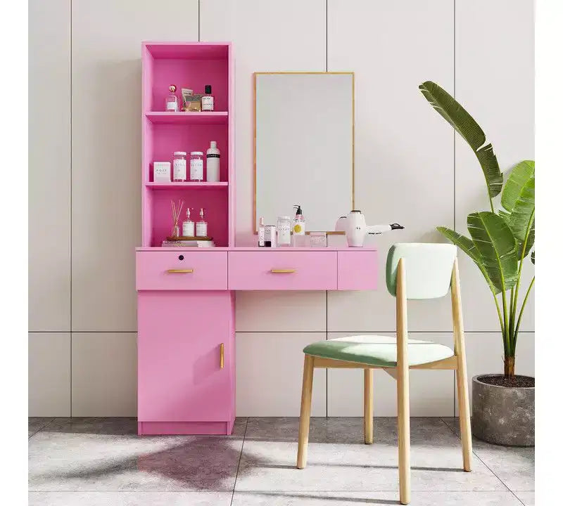 Okak Vanity Table with Lights, Modern Sleek Vanity Desk with Multi-Tier Storage System & Built-In Mirror, Bedroom Makeup Set for Space, Pink