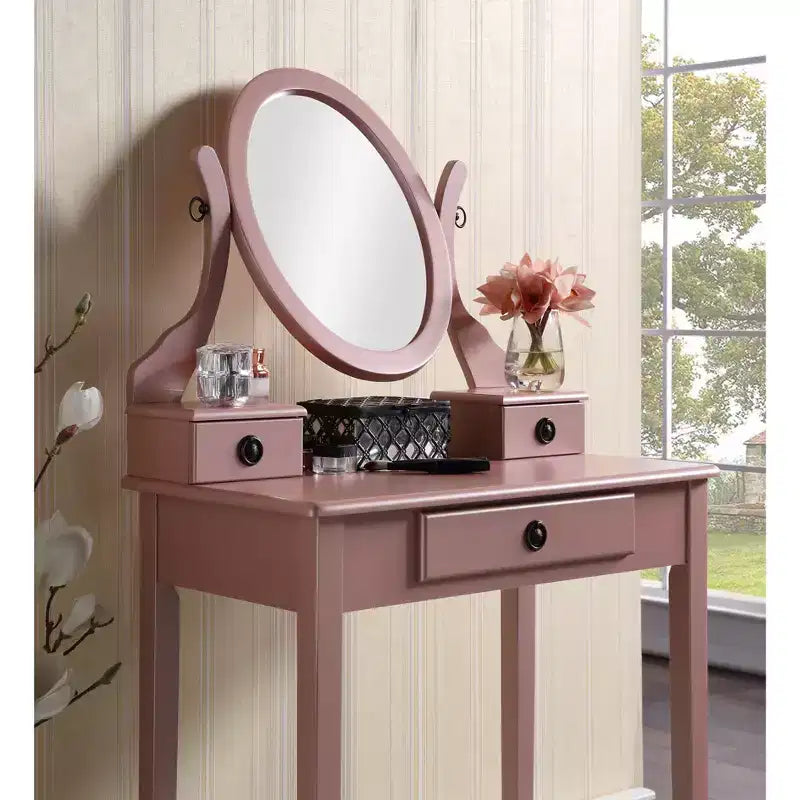 Okak Vanity Table and Chair Set, Wooden Makeup Vanity Table and Stool Set for Bedroom Living Room, with Elegant Mirror Oval Shape, Rose Gold