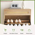 Meuble de rangement en rotin naturel Acekool avec 2 tiroirs basculants, étagères réglables et pieds en métal, organiseur de chaussures mince pour entrée