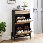 Meuble de rangement en rotin naturel Acekool avec 2 tiroirs basculants, étagères réglables et pieds en métal, organiseur de chaussures mince pour entrée
